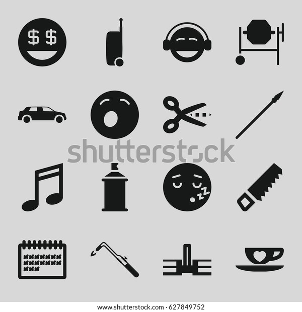 Clipart icons\
set. set of 16 clipart filled icons such as saw, concrete mixer,\
blowtorch, spray paint, yawn emot, emoji, dollar smiley, sleeping\
emot, calendar, cup with\
heart