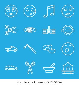 clipart icons set. Set of 16 clipart outline icons such as bowl, bean, car, barber scissors, blowtorch, fried egg and bacon, tent, rolling eyes emot, yawn emot, emoji