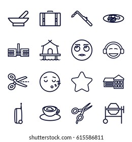 Clipart icons set. set of 16 clipart outline icons such as bowl, barber scissors, star, concrete mixer, blowtorch, fried egg and bacon, cup with heart, tent, suitcase