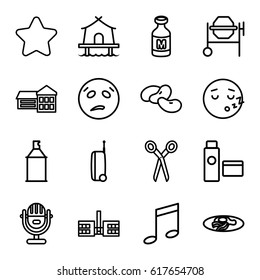 Clipart icons set. set of 16 clipart outline icons such as bean, barber scissors, star, concrete mixer, spray paint, fried egg and bacon, milk, cream tube, tent, suitcase