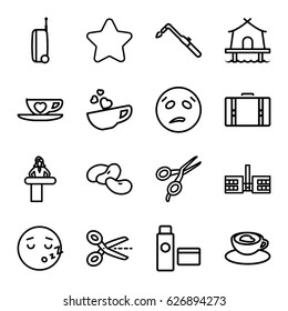 Clipart icons set. set of 16 clipart outline icons such as airport desk, bean, barber scissors, star, blowtorch, cup with heart, cream tube, tent, suitcase, sweating emot