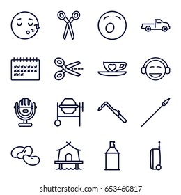 Clipart icons set. set of 16 clipart outline icons such as bean, car, barber scissors, concrete mixer, blowtorch, spray paint, calendar, cup with heart, tent, suitcase, spear