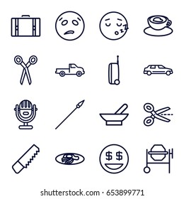 Clipart icons set. set of 16 clipart outline icons such as bowl, car, barber scissors, saw, concrete mixer, fried egg and bacon, cup with heart, suitcase, spear, sweating emot
