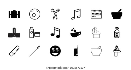 Clipart icons. set of 18 editable filled and outline clipart icons: dollar smiley, cup with heart, suitcase, airport desk, barber scissors, saw, yawn emot, music note, milk