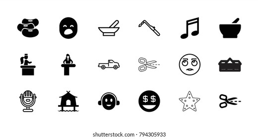 Clipart icons. set of 18 editable filled and outline clipart icons: airport desk, dollar smiley, music note, tent, bowl, car, blowtorch, rolling eyes emot, microphone, bean