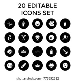 Clipart icons. set of 20 editable filled clipart icons such as airport desk, barber scissors, saw, spray paint, school. best quality clipart elements in trendy style.