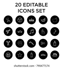 Clipart icons. set of 20 editable outline clipart icons such as bowl, car, barber scissors, blowtorch, spray paint, school. best quality clipart elements in trendy style.
