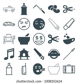 Clipart icons. set of 25 editable filled and outline clipart icons such as bean, blowtorch, spray paint, scissors, emoji, sleeping emot, music note, cup with heart, tent, saw