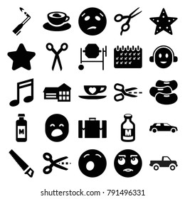 Clipart icons. set of 25 editable filled clipart icons such as barber scissors, star, concrete mixer, scissors, school, rolling eyes emot, yawn emot, sweating emot, music note