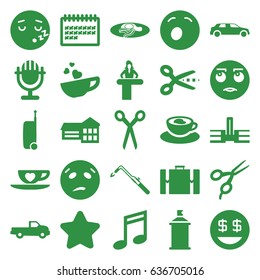 Clipart icons set. set of 25 clipart filled icons such as car, airport desk, barber scissors, star, blowtorch, spray paint, rolling eyes emot, yawn emot, dollar smiley