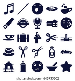 Clipart icons set. set of 25 clipart filled icons such as bowl, airport desk, barber scissors, star, saw, spray paint, yawn emot, sweating emot, emoji, sleeping emot