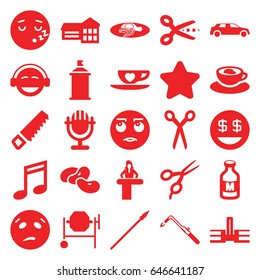 Clipart icons set. set of 25 clipart filled icons such as bean, airport desk, barber scissors, star, saw, concrete mixer, blowtorch, spray paint, rolling eyes emot