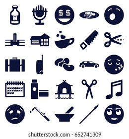 Clipart icons set. set of 25 clipart filled icons such as bowl, bean, barber scissors, saw, blowtorch, rolling eyes emot, yawn emot, dollar smiley, fried egg and bacon, milk