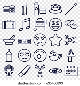 Clipart icons set. set of 25 clipart outline icons such as airport desk, bowl, bean, barber scissors, star, saw, concrete mixer, spray paint, fried egg and bacon, calendar