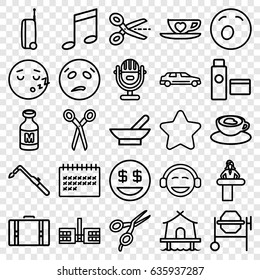 Clipart icons set. set of 25 clipart outline icons such as airport desk, bowl, barber scissors, star, concrete mixer, blowtorch, milk, calendar, cup with heart, car