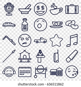 Clipart icons set. set of 25 clipart outline icons such as airport desk, bowl, bean, car, star, saw, concrete mixer, blowtorch, milk, calendar, cup with heart, tent, suitcase
