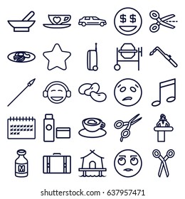 Clipart icons set. set of 25 clipart outline icons such as airport desk, bowl, bean, barber scissors, star, concrete mixer, blowtorch, fried egg and bacon, milk, calendar