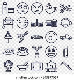 Clipart icons set. set of 25 clipart outline icons such as airport desk, bowl, car, barber scissors, concrete mixer, blowtorch, cup with heart, cream tube, tent, suitcase