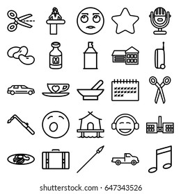 Clipart icons set. set of 25 clipart outline icons such as airport desk, bowl, bean, car, barber scissors, star, blowtorch, spray paint, fried egg and bacon, milk, calendar