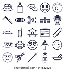 Clipart icons set. set of 25 clipart outline icons such as airport desk, bowl, bean, barber scissors, saw, blowtorch, spray paint, fried egg and bacon, milk, calendar