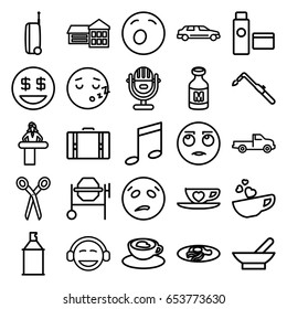 Clipart icons set. set of 25 clipart outline icons such as airport desk, bowl, car, barber scissors, concrete mixer, blowtorch, spray paint, fried egg and bacon, milk