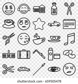 Clipart icons set. set of 25 clipart outline icons such as bean, car, barber scissors, star, blowtorch, fried egg and bacon, milk, calendar, cup with heart, cream tube