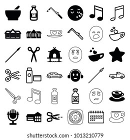 Clipart icons. set of 36 editable filled and outline clipart icons such as barber scissors, star, blowtorch, school, sleeping emot, milk, cup with heart, microphone, tent