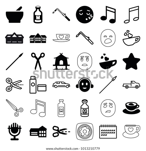 Clipart icons. set of 36\
editable filled and outline clipart icons such as barber scissors,\
star, blowtorch, school, sleeping emot, milk, cup with heart,\
microphone, tent