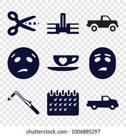 Clipart icons. set of 9 editable filled clipart icons such as car, blowtorch, scissors, school, sweating emot, cup with heart