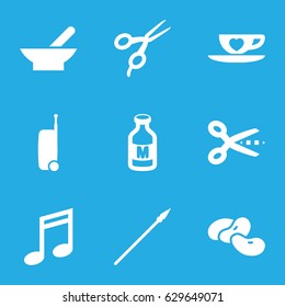 Clipart icons set. set of 9 clipart filled icons such as bowl, bean, barber scissors, milk, cup with heart, suitcase, spear, music note