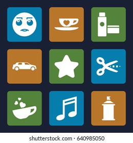 Clipart icons set. set of 9 clipart filled icons such as star, spray paint, rolling eyes emot, cup with heart, car, cream tube, music note