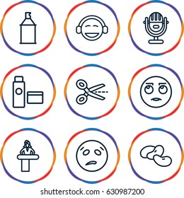 Clipart icons set. set of 9 clipart outline icons such as airport desk, bean, spray paint, cream tube, rolling eyes emot, sweating emot, emoji, scissors
