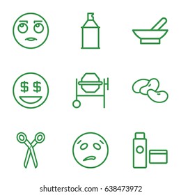 Clipart icons set. set of 9 clipart outline icons such as bowl, bean, barber scissors, concrete mixer, spray paint, cream tube, rolling eyes emot, sweating emot