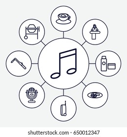 Clipart icons set. set of 9 clipart outline icons such as airport desk, concrete mixer, blowtorch, fried egg and bacon, cup with heart, cream tube, suitcase, microphone