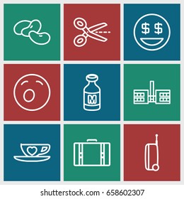 Clipart icons set. set of 9 clipart outline icons such as bean, milk, cup with heart, suitcase, yawn emot, dollar smiley, scissors