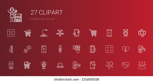 clipart icons set. Collection of clipart with cotton swab, smartphone, gelatine, microphone, shopping cart, glue stick, dice, pencil, carts. Editable and scalable clipart icons.