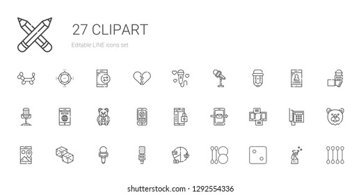 clipart icons set. Collection of clipart with dice, cotton swab, pie chart, microphone, dices, smartphone, teddy bear, pencil, spray, bear. Editable and scalable clipart icons.