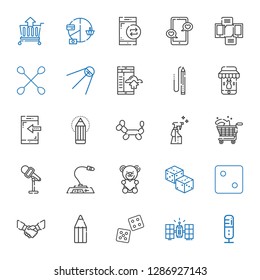 clipart icons set. Collection of clipart with microphone, satellite, dice, pencil, handshake, dices, teddy bear, shopping cart, spray, balloon modelling. Editable and scalable clipart icons.