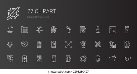 clipart icons set. Collection of clipart with pencil, pie chart, smartphone, microphone, cotton swab, broken heart, handshake, satellite. Editable and scalable clipart icons.