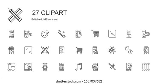 clipart icons set. Collection of clipart with satellite, smartphone, musical note, teddy bear, cotton swab, spider web, shopping cart, pencils. Editable and scalable clipart icons.