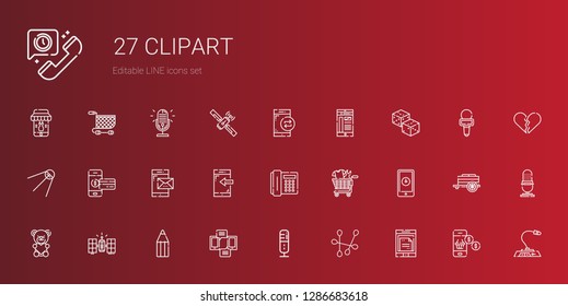 clipart icons set. Collection of clipart with smartphone, cotton swab, microphone, pencil, satellite, teddy bear, shopping cart, telephone. Editable and scalable clipart icons.