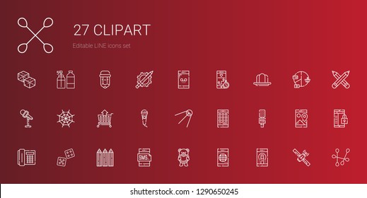 clipart icons set. Collection of clipart with smartphone, teddy bear, pencils, dice, telephone, microphone, satellite, cart, spider web, gelatine. Editable and scalable clipart icons.