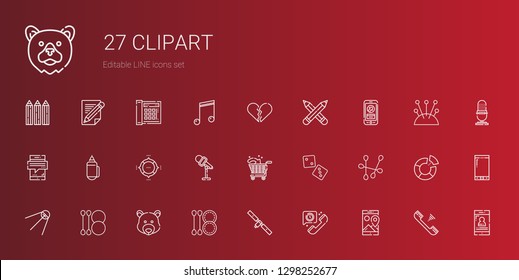 clipart icons set. Collection of clipart with smartphone, telephone, satellite, cotton swab, bear, dice, shopping cart, microphone, pie chart. Editable and scalable clipart icons.