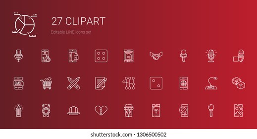 clipart icons set. Collection of clipart with smartphone, broken heart, gelatine, teddy bear, pencil, dice, cotton swab, pencils, shopping cart. Editable and scalable clipart icons.