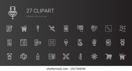 clipart icons set. Collection of clipart with spider web, pencil, pencils, telephone, smartphone, teddy bear, microphone, dice, shopping cart. Editable and scalable clipart icons.