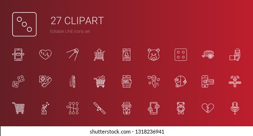 clipart icons set. Collection of clipart with teddy bear, smartphone, satellite, cotton swab, spray, carts, pie chart, microphone, shopping cart. Editable and scalable clipart icons.