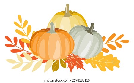 Clipart illustration composition of different pumpkins and leaves in warm Autumn colours. Set of isolated objects. Thanksgiving, Halloween or Harvest celebration use, cards design, scrapbooking,.