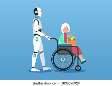 Clipart illustration of cyborg assistances and cares about grandmother she sits on wheelchair. Future technology.