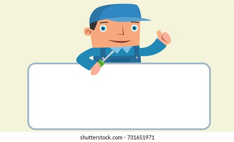 CLIPART ILLUSTRATION OF A FRIENDLY ENGINEER MAN HOLDING A THUMB UP OVER A BLANK SIGN