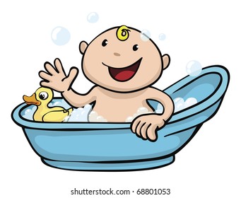 Clipart illustration of a happy cute baby playing in the bath tub with a rubber duck